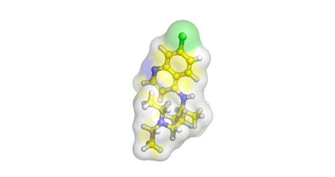 Chloroquine, 4-aminoquinoline antimalarial drug and blood schizonticide, 3D molecule 4K