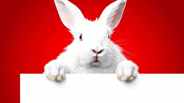 White rabbit peeking over a blank white sign on a vibrant red background. Cute fluffy bunny with pink eyes ideal for holiday marketing. Easter and Chinese New Year promotion concept.