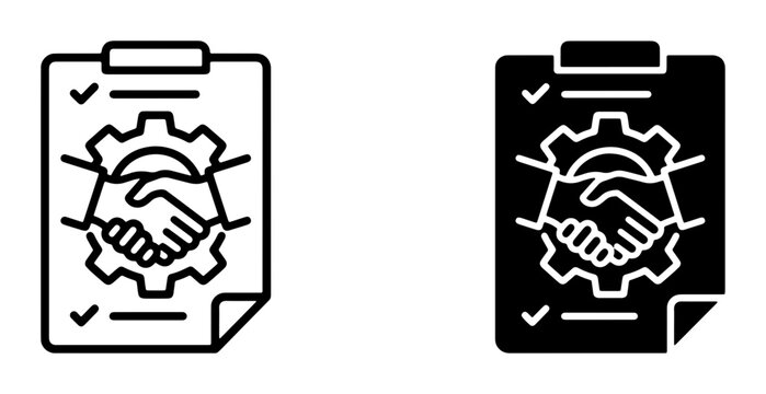 Business Partnership Agreement Icons, Collaboration Deal Vector Graphics, Contractual Handshake Symbols. Set of two professional agreement icons, one outlined and one solid black