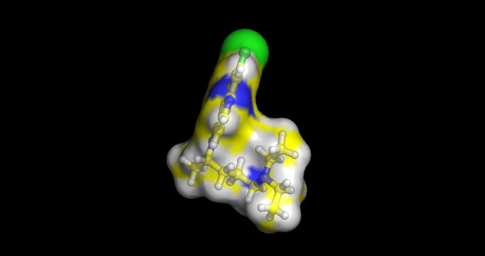 Chloroquine, 4-aminoquinoline antimalarial drug and blood schizonticide, 3D molecule spinning, 4K