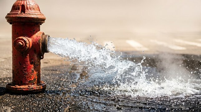 Close perspective of an Open Fire Hydrant Street releasing water onto the pavement. Designed for municipal infrastructure blogs, emergency services and public relief ads.