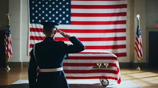 Soldier in dress uniform saluting a casket draped in the American flag. Guard member paying respects at a military funeral service. Patriotism and honor concept for Memorial Day media.
