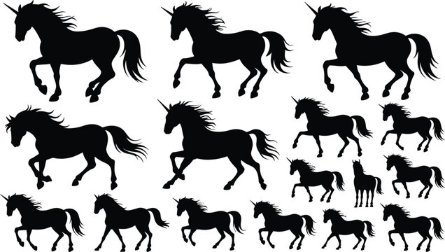Unicorn Silhouette Collection Set with Running Walking and Standing Fantasy Horse Vector Illustration Poses