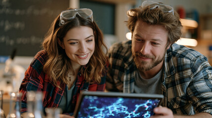 Fototapeta premium Two chemistry postgraduates in the aftermath of a lab session studying AR chemistry molecule visualization renders on a shared tablet, protective goggles pushed up on their foreheads, glassware stil