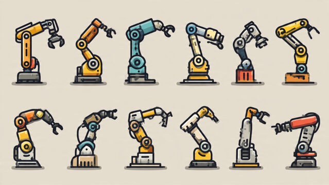 Series of diverse industrial robotic arms in various positions and colors on a white background