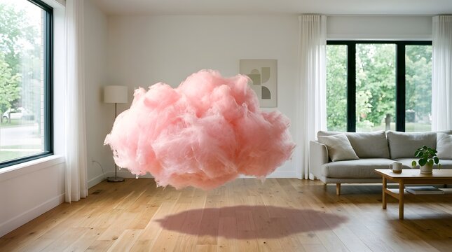 Fluffy pink cotton candy cloud floats in the middle of a modern living room space creating a whimsical and surreal atmosphere in this bright artistic photograph