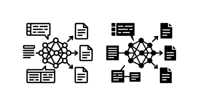 AI Network Processing Data, Machine Learning Algorithms, Neural Network Input Output, Digital Information Flow Icons