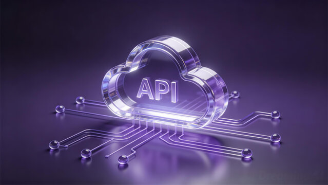 3D glass cloud API icon glowing on purple digital circuit board background, software integration concept