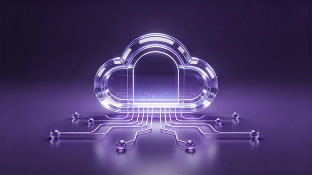 3D glass cloud hosting platform with glowing circuit board tracks on dark background, future tech