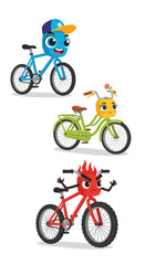 Obraz premium Funny cartoon bicycles with faces, characters, emotions, different colors