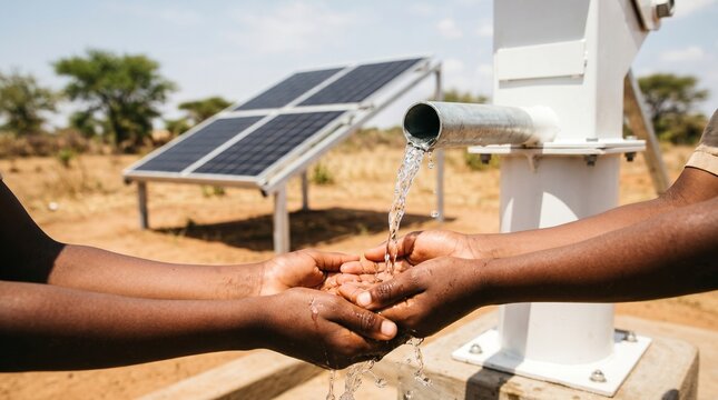 Two people catching liquid from a Solar Powered Water Pump in a dry landscape. Great for humanitarian aid campaigns, African development and eco tech.