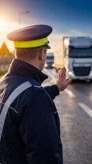 Obraz premium Freight trucks halted by customs officer at border checkpoint under intense midday lighting