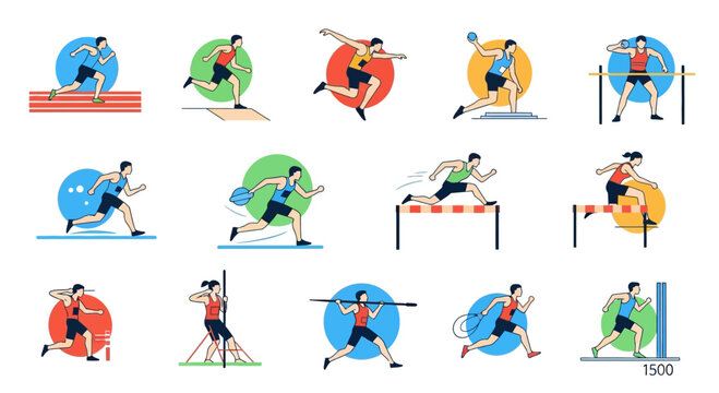 Athletics Competition Icons: Runners, Jumpers, Throwers, Hurdlers, Pole Vaulters, Track and Field Sports