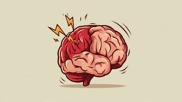 Cartoon Brain with Lightning Bolts Expressing Brainstorming or Mental Fatigue
