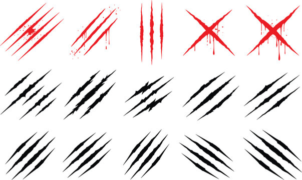 Bloody claw scratch marks and grunge slash effects collection with horror dripping textures isolated on white background vector illustration set