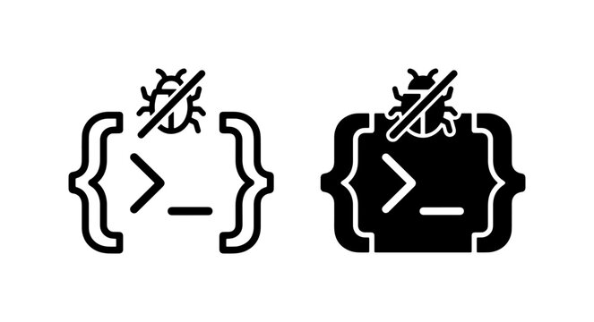 Bug-free code icons, programming error symbols, software debugging vector set, clean development, glitch removal, tech concept