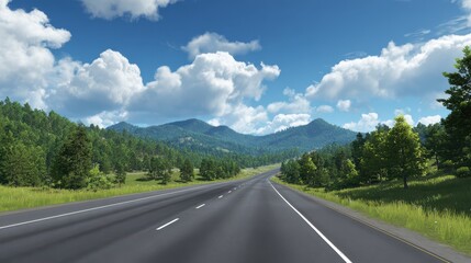 Obraz premium Scenic asphalt road winds through lush green forest towards distant mountains.