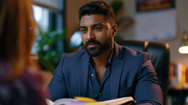Indian software developer sitting across from a corporate immigration attorney in a law office, reviewing a thick H1B renewal application, sticky notes marking contested employment verification sect