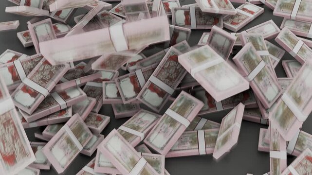 Bangladeshi banknote five taka bundle falling from top, five taka note 3d animation