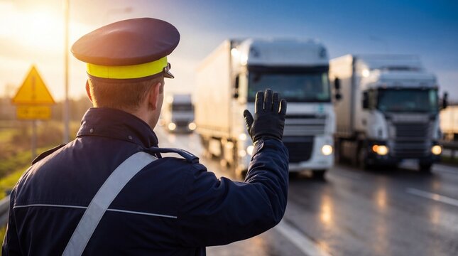 Customs officer managing truck flow at border checkpoint under clear bright daytime sun