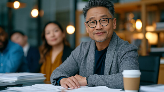 Middle-aged Filipino software architect at a corporate campus reviewing H1B sponsorship paperwork spread across a glass conference table, colleagues observing quietly, company legal team documents s