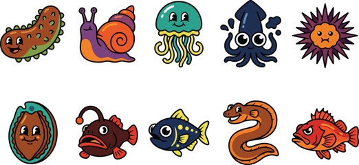 Colorful cartoon sea creatures and smiling ocean animals illustrations © vector