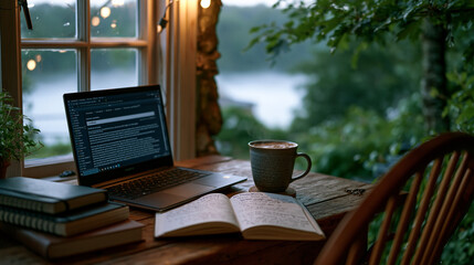 Obraz premium Remote learner pushing through a MOOC completion challenge at a countryside farmhouse desk during early morning mist, certificate progress bar nearly full on screen, journal open to handwritten goal
