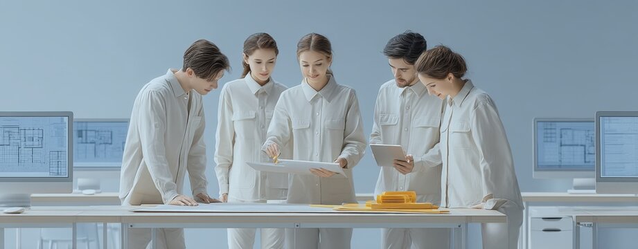 Group of Architects Reviewing Blueprints and Digital Plans in Modern Office Environment