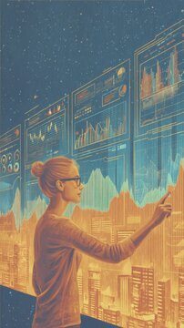 Futuristic woman analyzing digital financial graphs on holographic screens in a high-tech cityscape