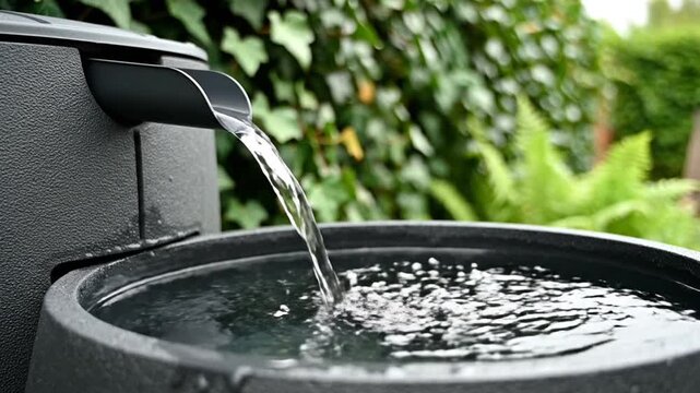 Rainwater flowing from downspout into garden water butt