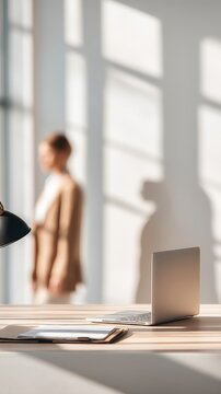 Modern minimalist workspace with open laptop, documents, and sunlight streaming through windows creating shadows and a