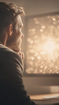 ฺBackground for business Thoughtful young man with beard and casual clothing gazing out the window at sunset a clean pinstripe business texture zen peaceful healing business background