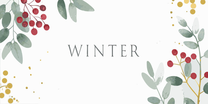 watercolor winter floral arrangement with red berries and green leaves on white background