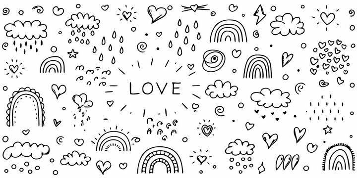 hand drawn doodle pattern with rainbows hearts clouds and the word love