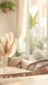 ฺBackground for business Bright cozy living room interior with sunlight streaming through large window featu plants and soft furniture