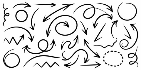 collection of hand drawn black arrow doodles with curved and zigzag shapes on white background © Rekha