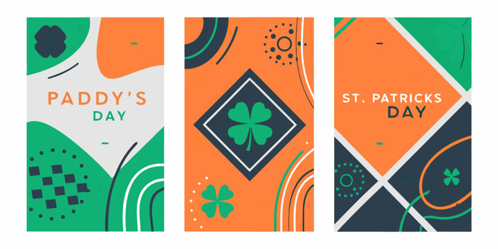 St Patrick s Day themed vector illustrations with clover and geometric shapes