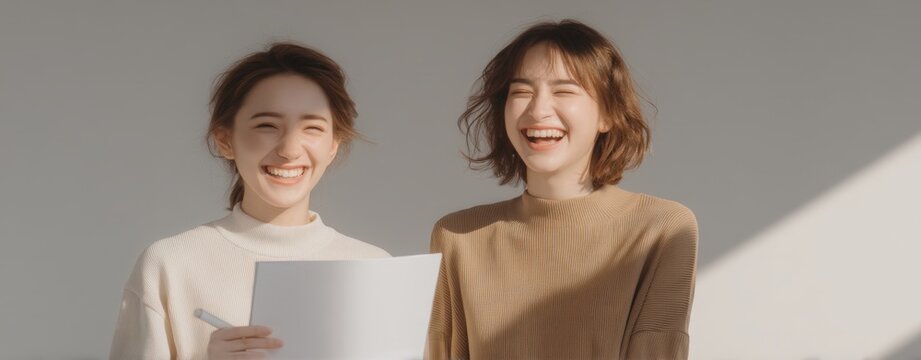 ฺBackground for business Happy young women laughing and sha a document in bright natural light a clean pinstripe business texture zen peaceful healing business background