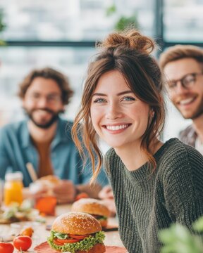 ฺBackground for business Happy young woman with friends enjoying meal outdoors in bright modern cafe setting a clean pinstripe business texture zen peaceful healing business background