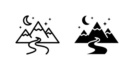 Mountain Landscape Icons, Night Sky Scenery, Crescent Moon and Stars, Winding River Path, Vector Graphics for Adventure and Nature Themes © Reshma
