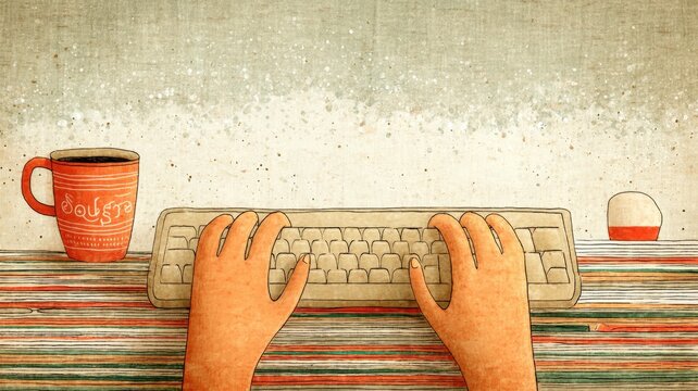 ฺBackground for business Hands Typing on Computer Keyboard with Coffee Mug and Mouse on Striped Table a clean pinstripe business texture zen peaceful healing business background