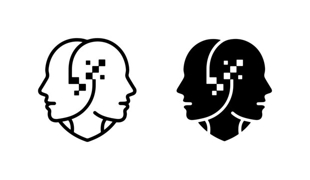 Dual Head Silhouette Icons, AI Brain Concept, Digital Mind Interface, Artificial Intelligence Symbol, Human Psychology Vector Art