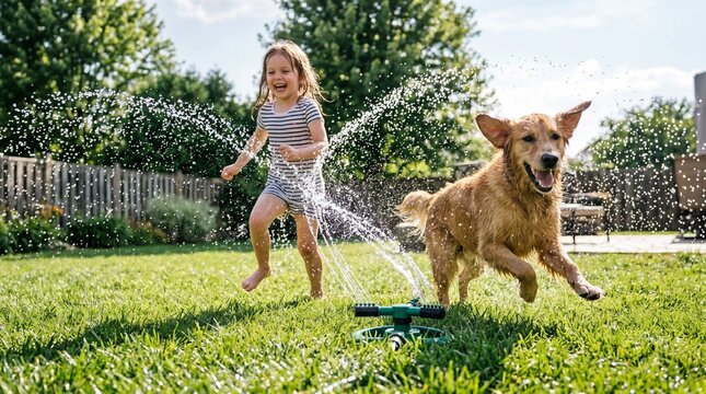 Young girl and golden retriever dog running through a Child Sprinkler Garden setup. Perfect for pet friendly summer activities backyard fun articles and animal care guides.