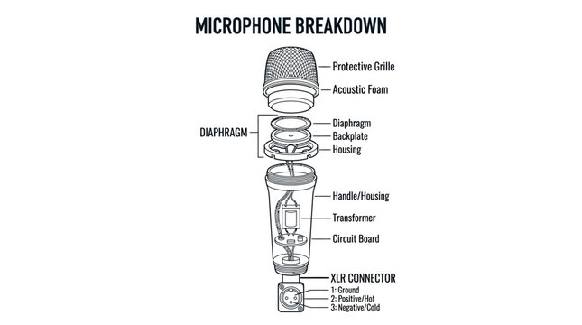 An exploded view diagram illustrating the internal components of a professional microphone.