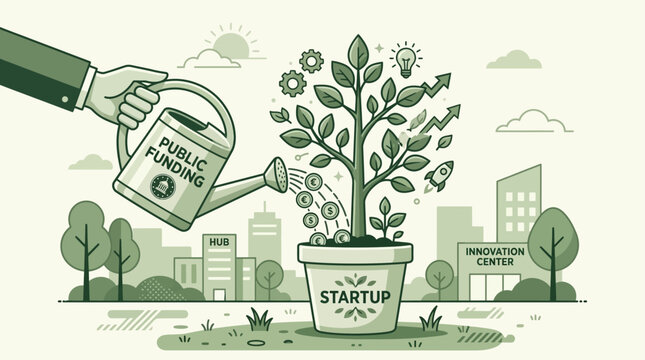 A hand uses a public funding watering can to nurture a growing startup tree.