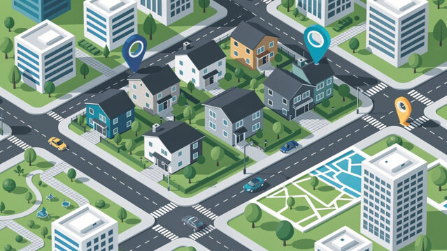 Aerial view of modern urban neighborhood with roads and green spaces for city planning