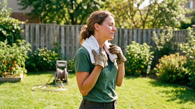 Female resting in a backyard acting as a Person Cooling Neck Ice with a wet towel. Ideal for gardening safety tips and outdoor heatstroke prevention.