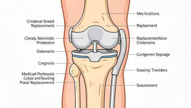 Detailed medical illustration of knee joint with implants and prosthetics on neutral background