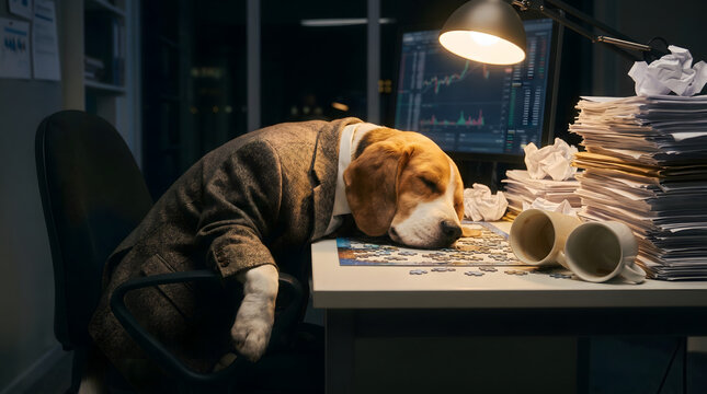 An exhausted Beagle manager slumped asleep over a desk with messy paperwork and coffee mugs late at night.
