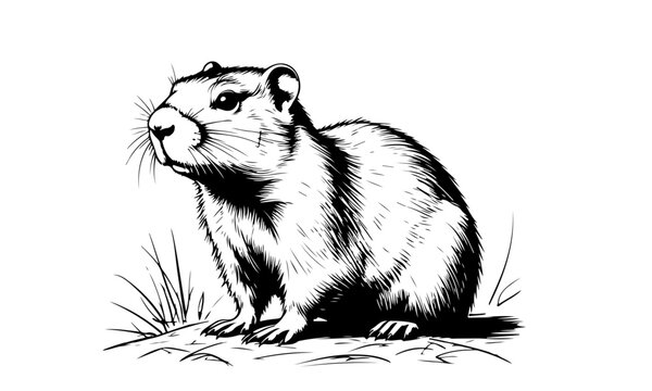 A groundhog is sitting in the grass, a simple black and white sketch. Vector illustration.A small rodent. steppe animals isolated on a white background
